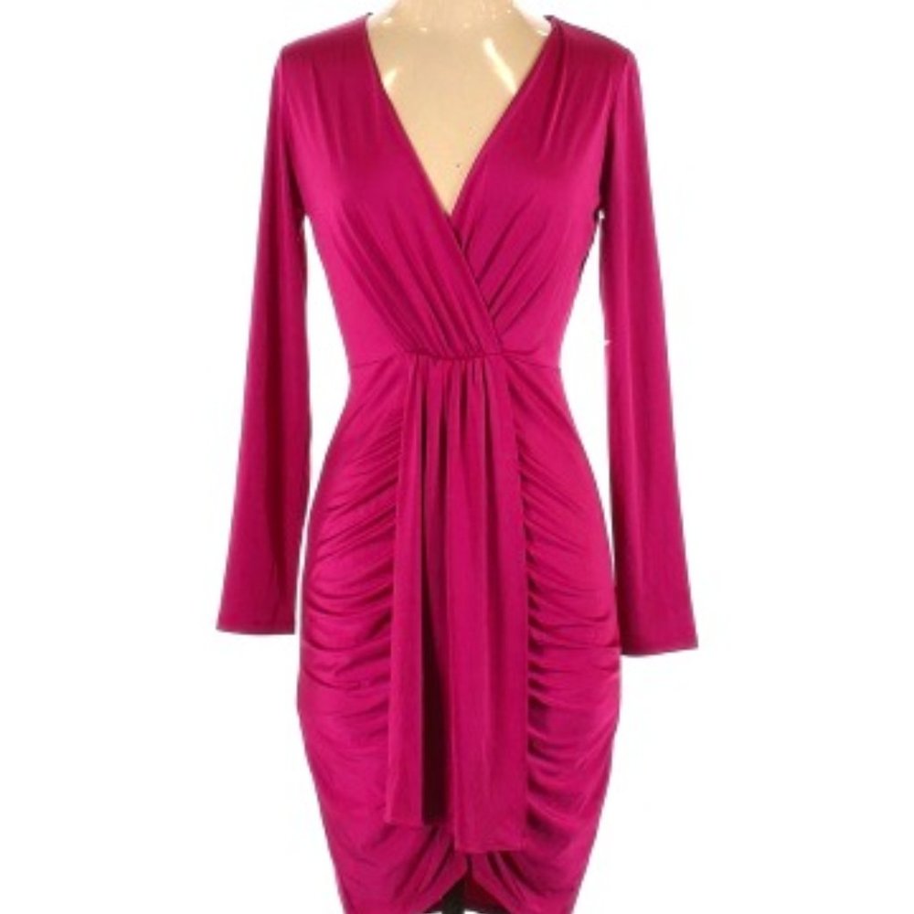 Eliza J Fuchsia Long-Sleeve Ruched Wrap Wedding Guest Dress